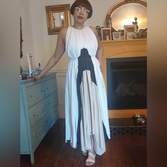 Bibhu Mohapatra Chic Black and White Maxi pleated Dress with Tan Accents size 16 - Picture 11 of 17